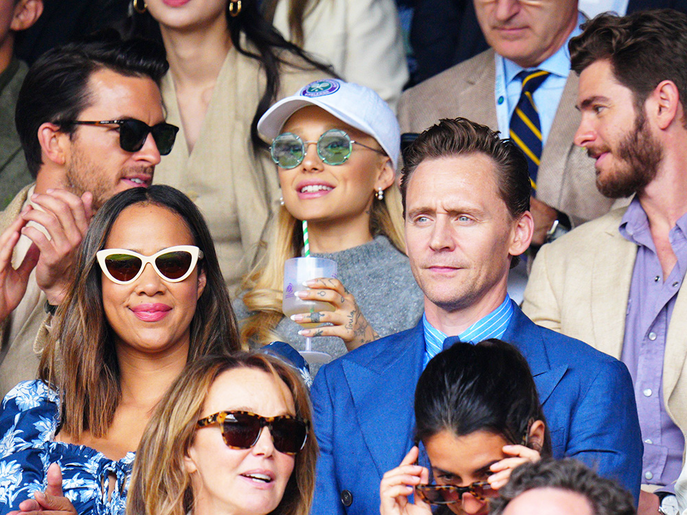 Zawe Ashton, Tom Hiddleston, Ariana Grande and Andrew Garfield watching the action on center court at the Wimbledon Tennis Championships, day 14, All England Lawn Tennis and Croquet Club, London, United Kingdom - July 16, 2023